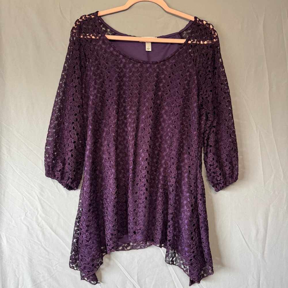Dressbarn Womens Lace Top L Purple Asymmetric Mature Work Office Business
